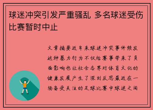 球迷冲突引发严重骚乱 多名球迷受伤比赛暂时中止